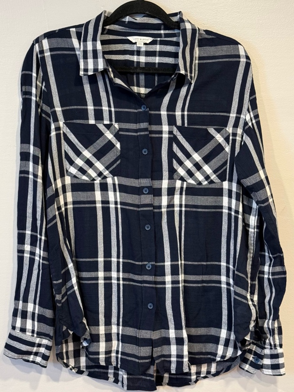 Lucky Brand Navy & White Plaid Flannel Oversized Boyfriend Fit Women's Medium
